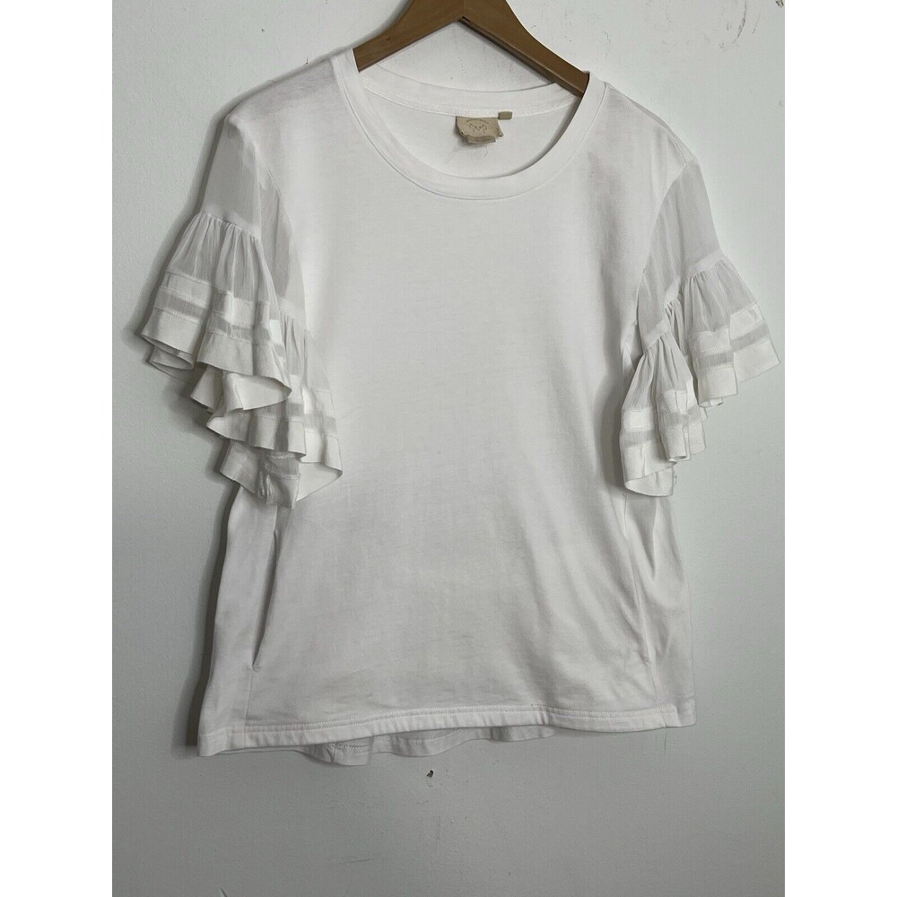 Anthropologie M Ruffle Sleeves White Sorrento Blouse by Vanessa and Virginia
